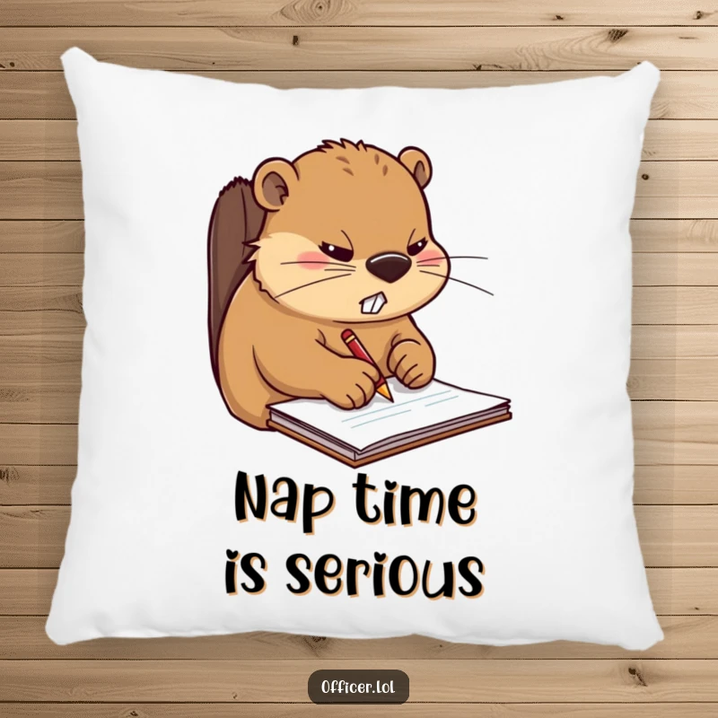 Funny pillow featuring a stern beaver writing on a notepad, offering comfort and a humorous nod to busy schedules and stress.