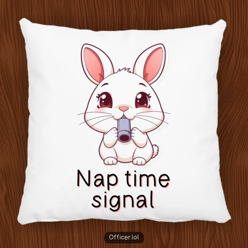 Funny rabbit pillow, soft cushion with a happy rabbit blowing a small whistle, wide joyful eyes.