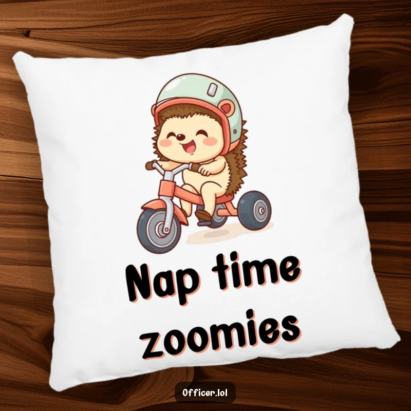 Funny pillow featuring a giggling hedgehog in a helmet riding a tricycle, offering cozy comfort and a charmingly humorous vibe.