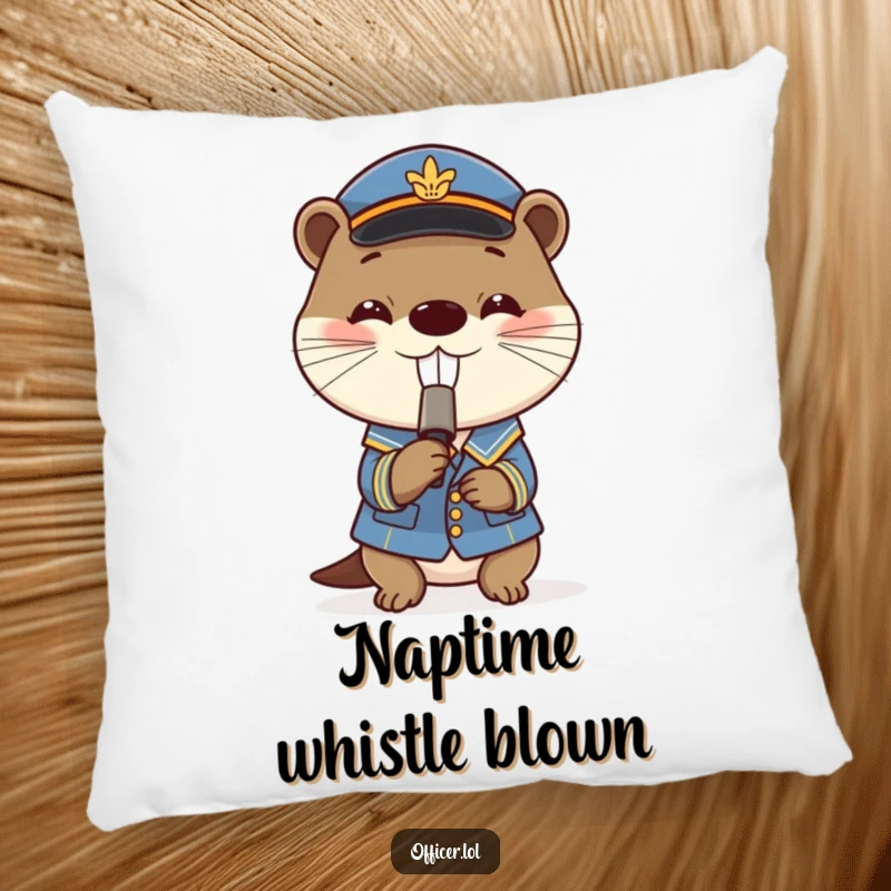 Funny pillow featuring a playful otter in a small uniform blowing a tiny whistle with a grin, adding charm.
