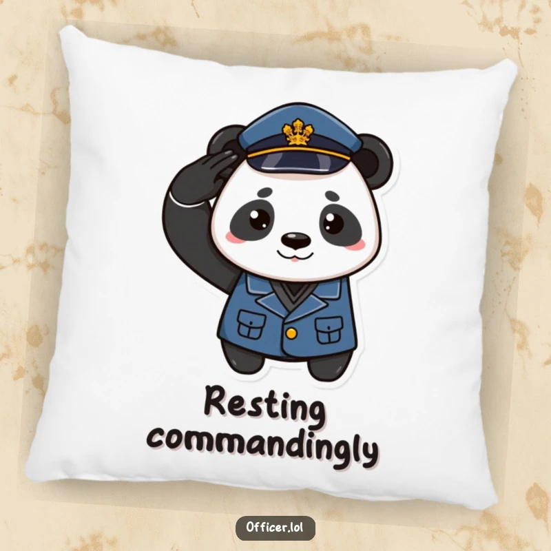 Funny pillow with a playful panda in uniform saluting with a proud smirk, perfect for cozying up.