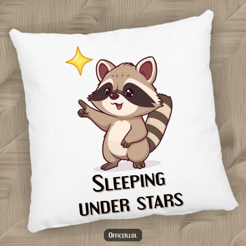 Funny pillow featuring a playful raccoon character excitedly pointing towards a bright, shining star.