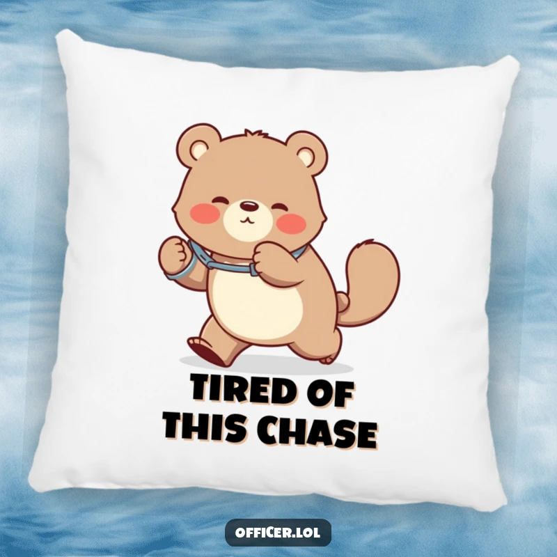 Funny pillow showing a bear in handcuffs trying to catch its tail, a soft and humorous addition to any cozy space.