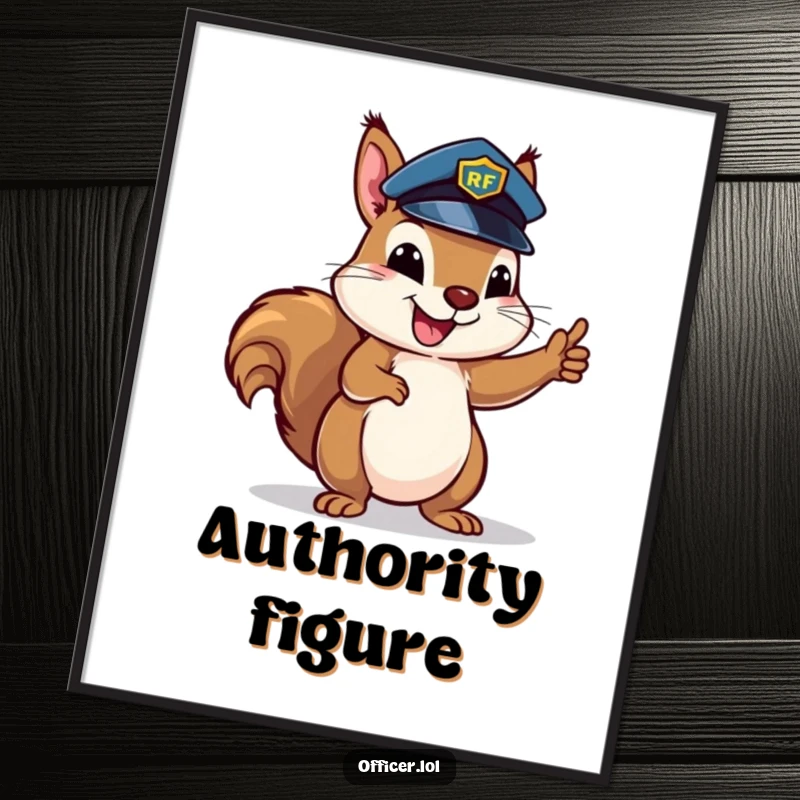 Happy squirrel wearing a police hat, enthusiastically directing traffic, high-resolution digital art print for organized decor.