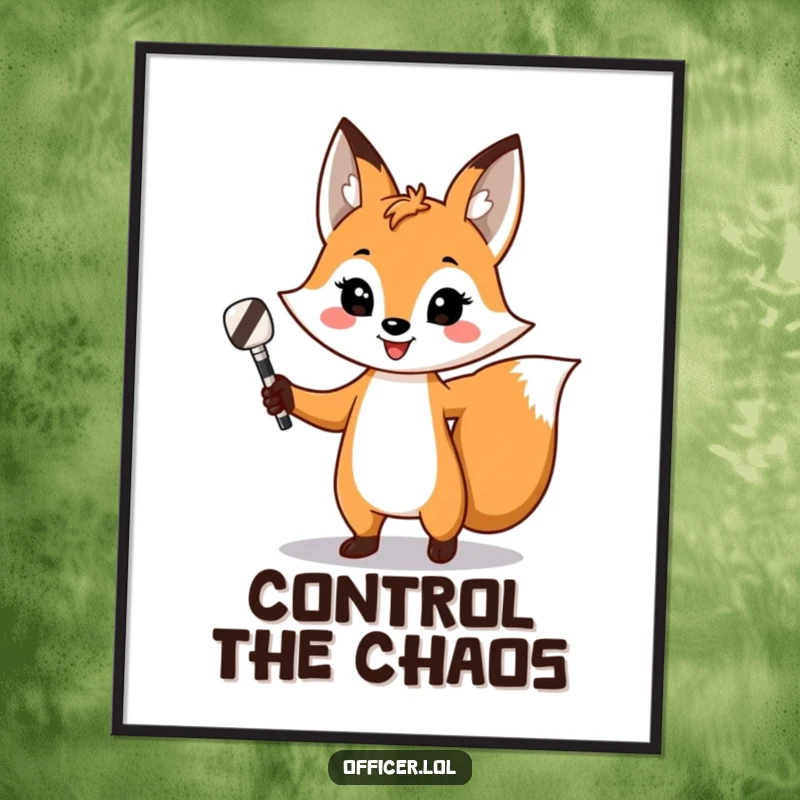 Funny fox digital art print, confident animal directing traffic with a striped baton, playful and humorous.