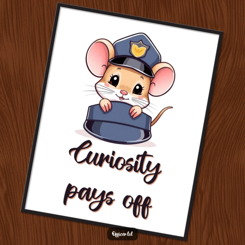 Funny Digital Art Print: Curious mouse peeks from behind a police hat, adding instant mystery and humor.