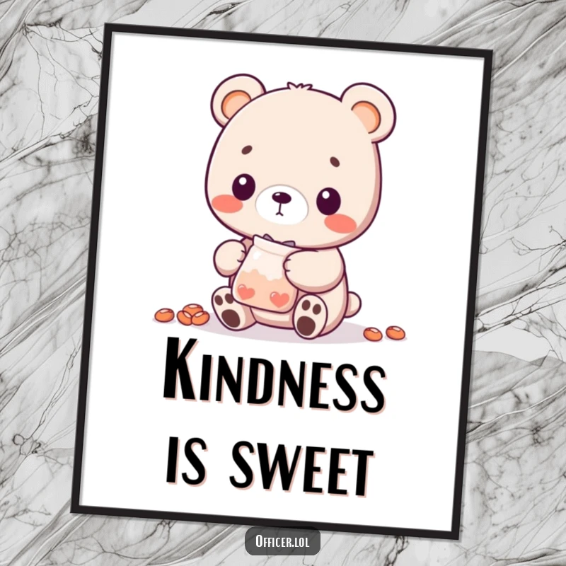 Funny Bear Cub Digital Art Print: A sweet bear cub character is depicted sharing a small bag of treats, radiating warmth and generosity.