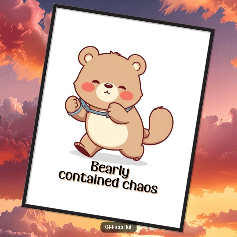 Funny digital art print of a bear wearing handcuffs, hilariously chasing its tail, a whimsical and amusing decoration for any wall.