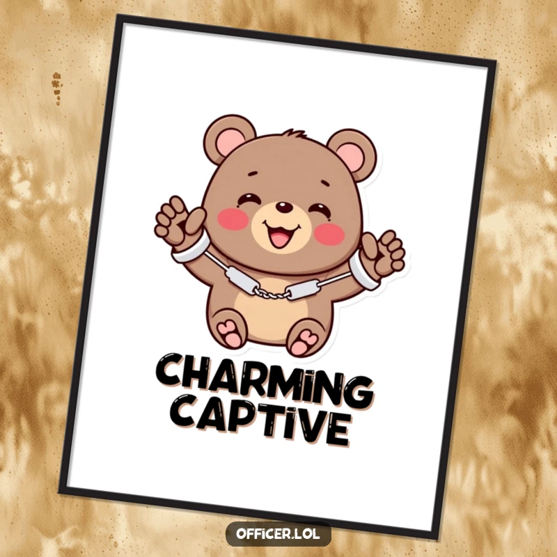 Funny digital art print of a cheerful bear wearing miniature handcuffs, smiling and waving, embodying cute naughtiness.