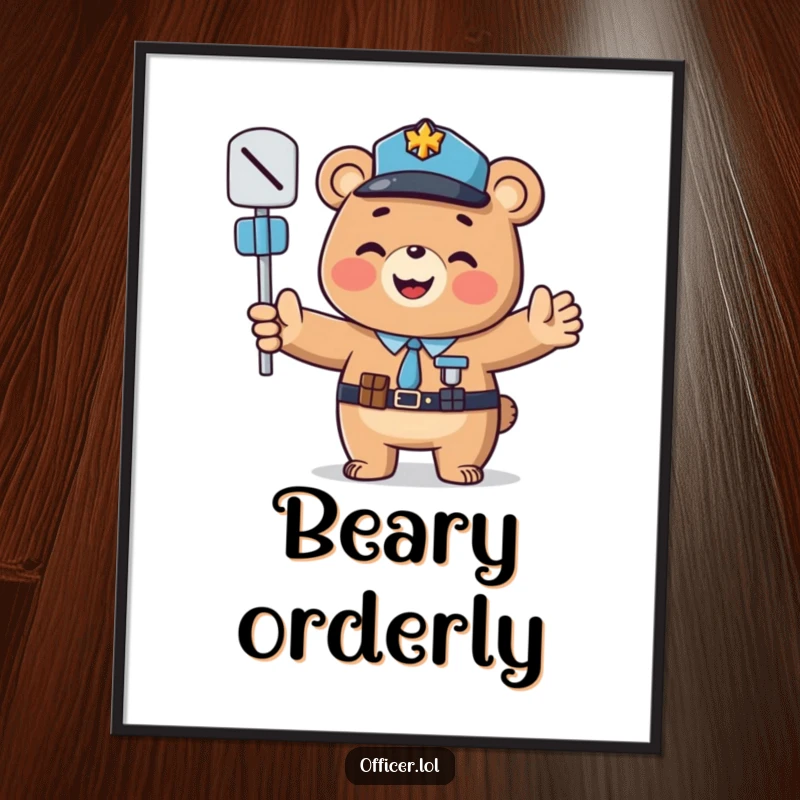 Funny digital art print: A smiling bear officer directing traffic, a cheerful funny gift.