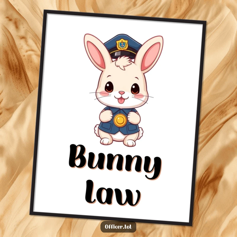 Funny digital art print: A cute bunny officer holding a badge, a charming funny gift.