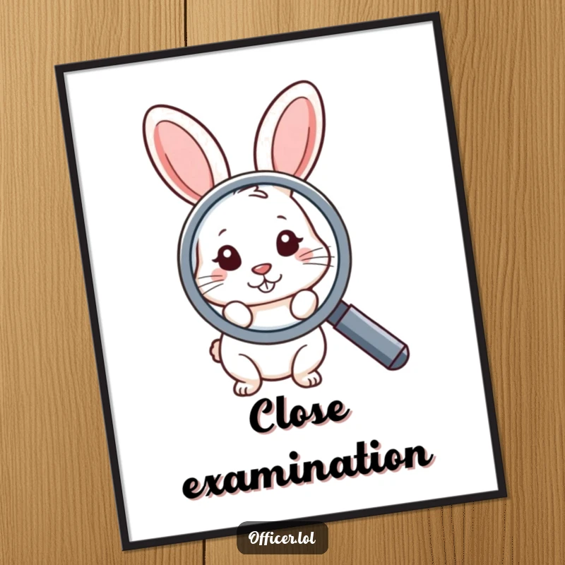 Funny digital art print of a shy rabbit peeking from behind a large magnifying glass, ideal for humorous and curious wall decor.