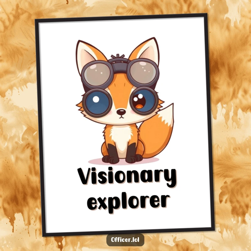 Curious fox peering through oversized binoculars, available as a digital art print for inquisitive home decor.