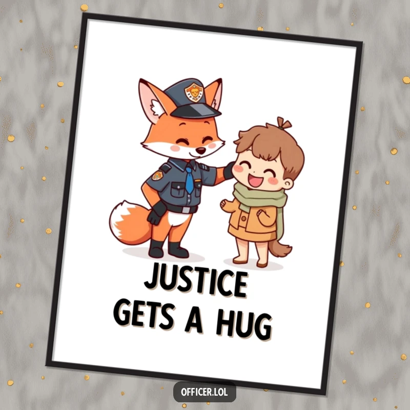 Funny Fox Officer Digital Art: A playful fox in uniform gently pats a happy tiny citizen, capturing a heartwarming and humorous moment for your walls.