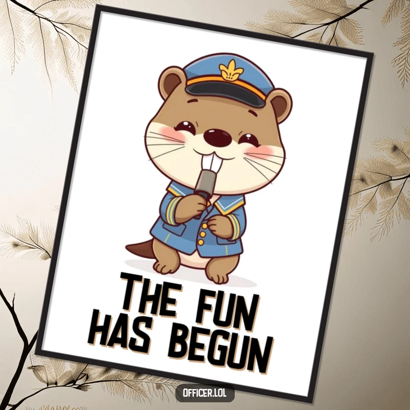 Funny digital art print of a playful otter in uniform blowing a tiny whistle with a grin, perfect for walls.