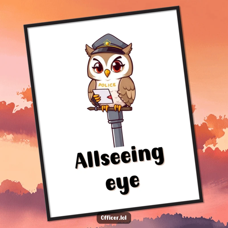 Funny owl officer digital art print, winking owl on a lamppost, instant download wall decor.