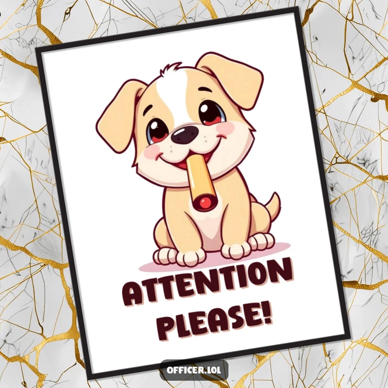 Funny digital art print of a cheerful puppy blowing a whistle with an excited grin, capturing a moment of pure happiness.