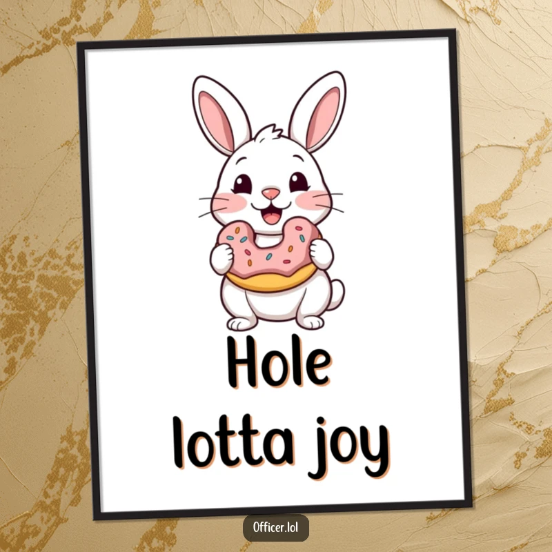 Funny digital art print of a delighted rabbit holding a donut, its satisfied eyes radiating pure joy and sweetness.