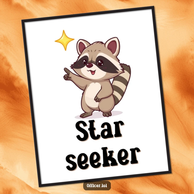 Funny digital art print of a playful raccoon character excitedly pointing towards a bright, shining star.