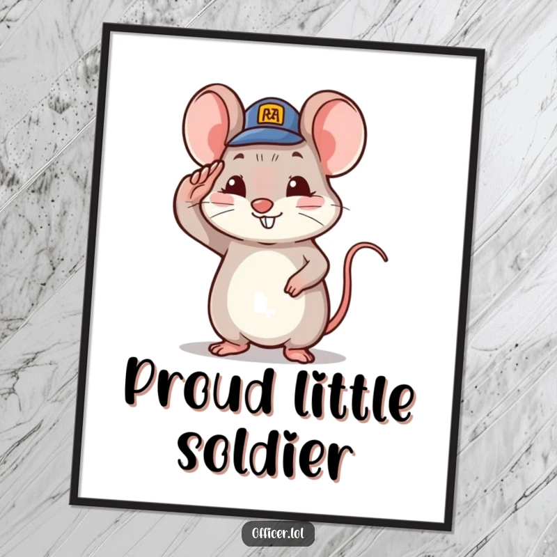 Funny tiny mouse character saluting with a tiny hat and proud smile, instant cute decor.