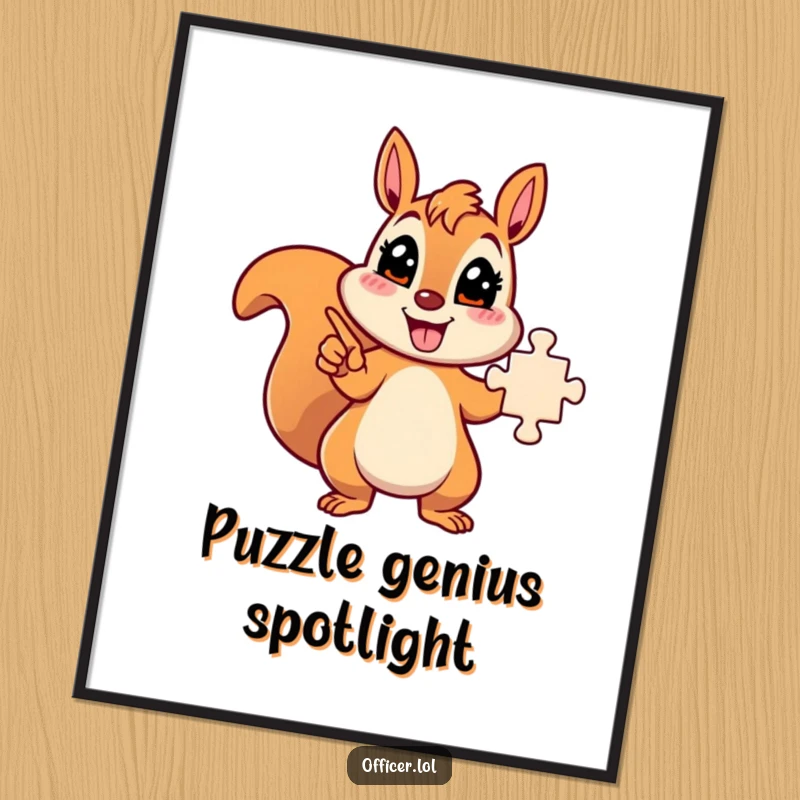 Funny energetic squirrel character pointing towards a solved puzzle, instant smart decor.
