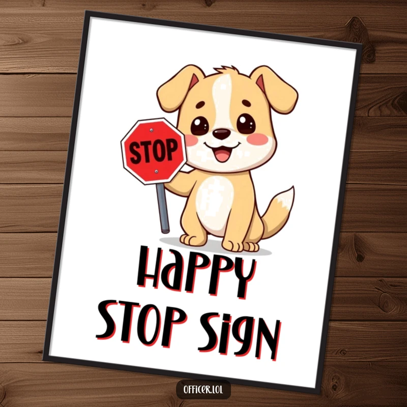 Funny stop sign dog digital art print of a smiling cartoon dog holding a stop sign, a cheerful and humorous decoration.