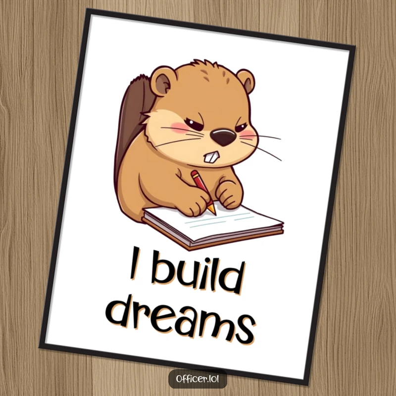 Funny digital art print of a stern beaver writing on a notepad, a humorous and relatable depiction of work-from-home life.