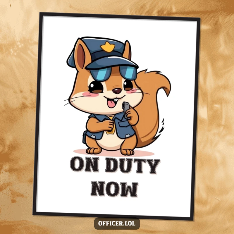 Funny squirrel officer digital art print, determined squirrel blowing a whistle, instant download wall decor.
