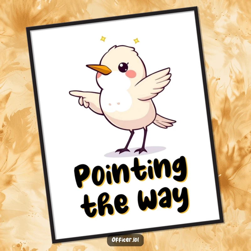 Funny digital art print of a twinkling starling making a clear directive pointing gesture, artistic guidance.