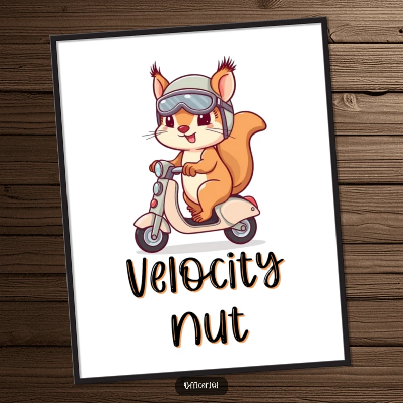 Determined squirrel wearing a helmet and goggles, speeding on a tiny scooter, available as a digital art print for energetic decor.