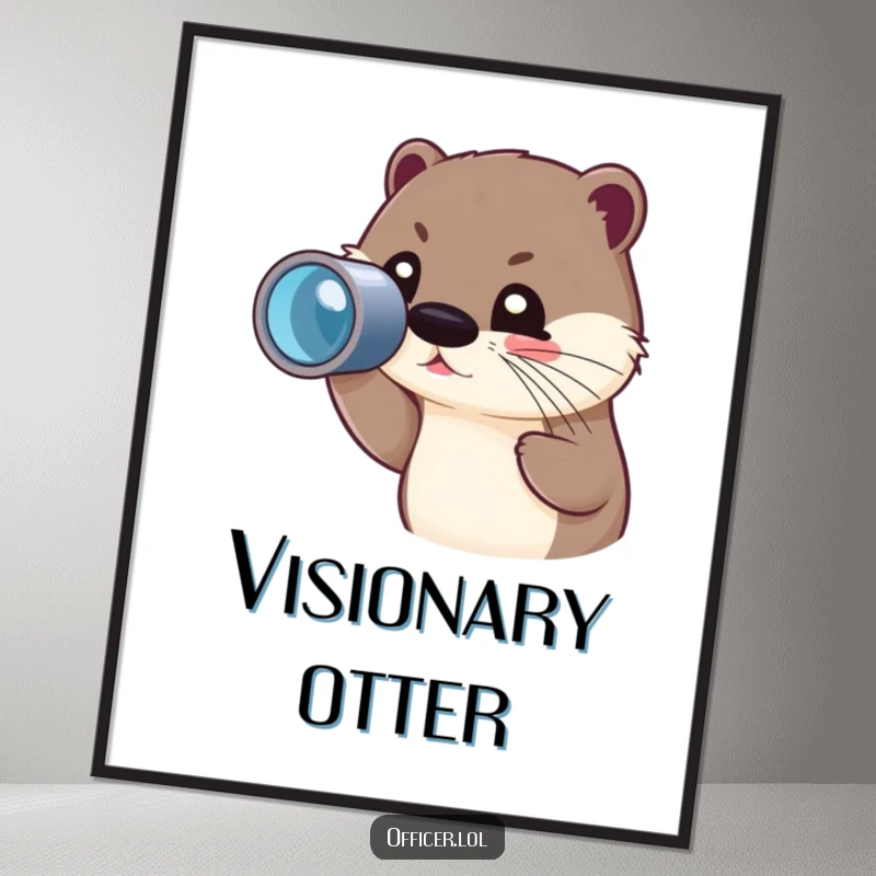 Funny digital art print of a cute otter character peering through a spyglass with a focused but joyful gaze.