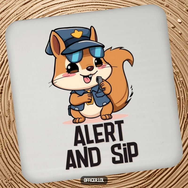 Funny squirrel officer coasters, set of 4, featuring a determined squirrel design, decorative and protective.