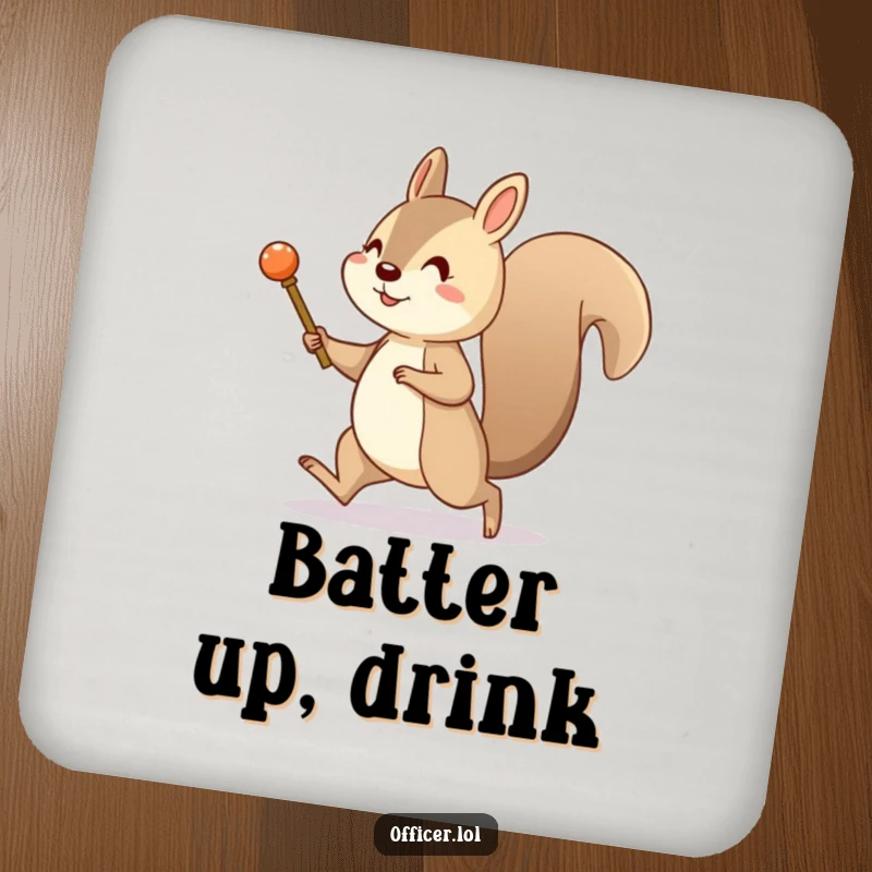 Funny drink coasters with a cheerful squirrel marching with a tiny pretend baton. Protects surfaces with a humorous theme.
