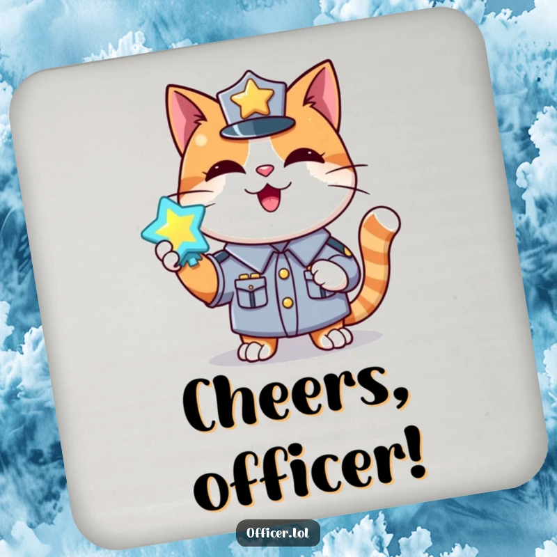 Funny drink coaster featuring a happy cat in uniform holding a shiny, glowing badge, symbolizing pride.