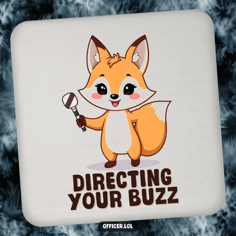 Funny fox drink coaster, protects surfaces with a confident fox directing traffic, striped baton and smile.