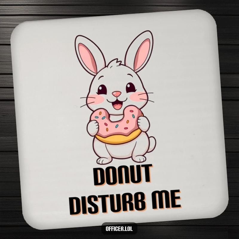 Funny drink coasters featuring a rabbit holding a donut, its satisfied eyes adding a touch of sweet humor to any surface.
