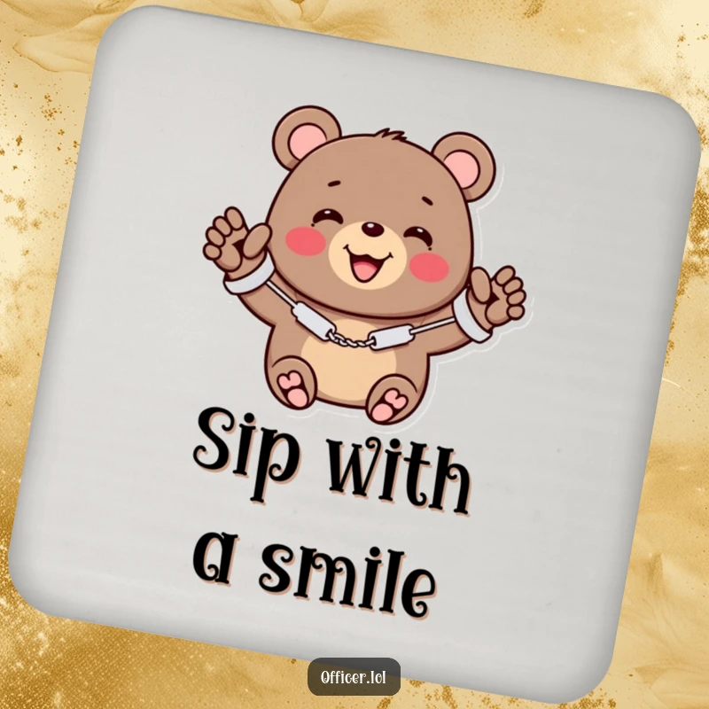 Funny drink coaster showing a cheerful bear in miniature handcuffs, smiling and waving, symbolizing adorable crime.