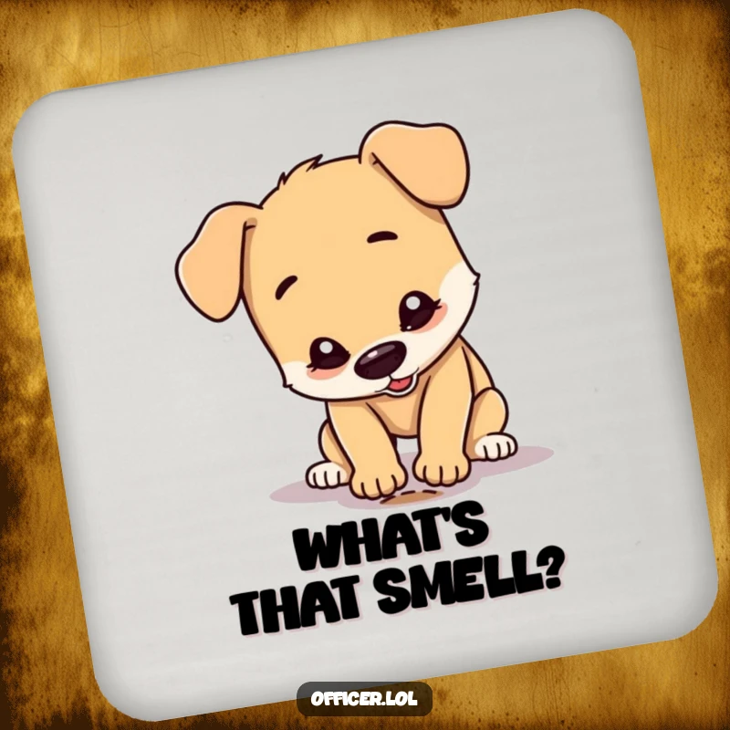 Funny Dog Coaster: A happy dog character peers closely at a tiny footprint, adding humorous detective flair to drink protection.