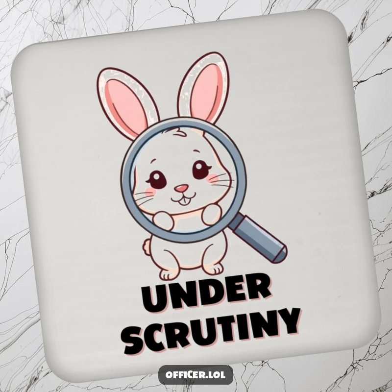 Funny drink coaster with a shy rabbit peeking from behind a large magnifying glass, protecting surfaces with humorous, curious flair.