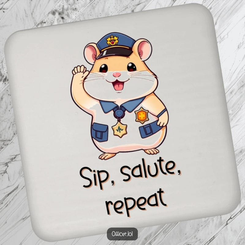 Funny hamster officer coasters, set of 4, featuring a saluting hamster design, decorative and protective.