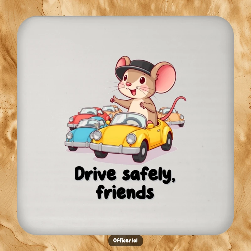 Funny drink coaster featuring a determined mouse in a hat directing tiny cars, symbolizing focus and protecting surfaces.