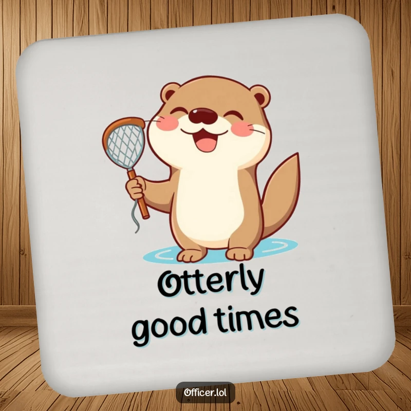Funny Coaster: Triumphant otter holds a net with a joyful expression, protecting surfaces with humor.