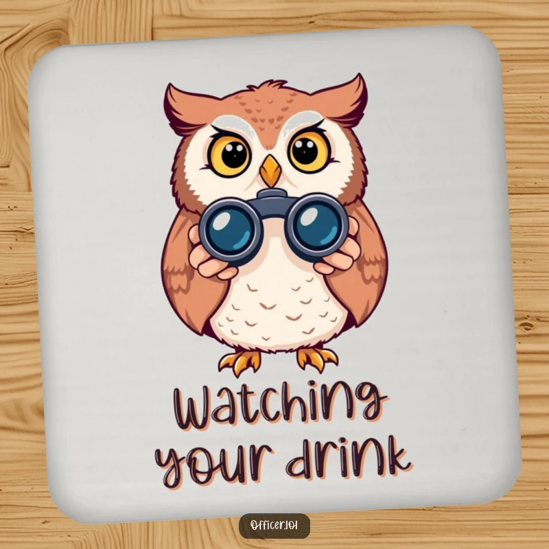 Funny owl drink coaster, protects surfaces with a curious owl peering through binoculars, alert and bright design.