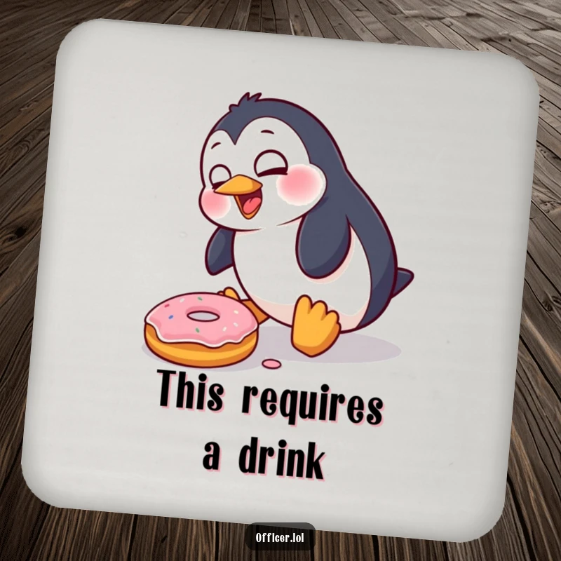 Funny Penguin Coaster: A goofy penguin character trips over a donut, adding a humorous and clumsy accent to protect your surfaces.
