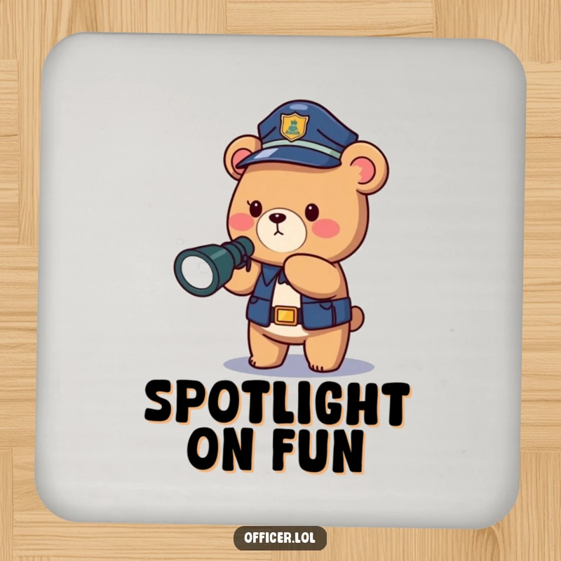 Funny police bear coaster, a small but mighty guardian with a flashlight, protecting surfaces with humor and bravery.