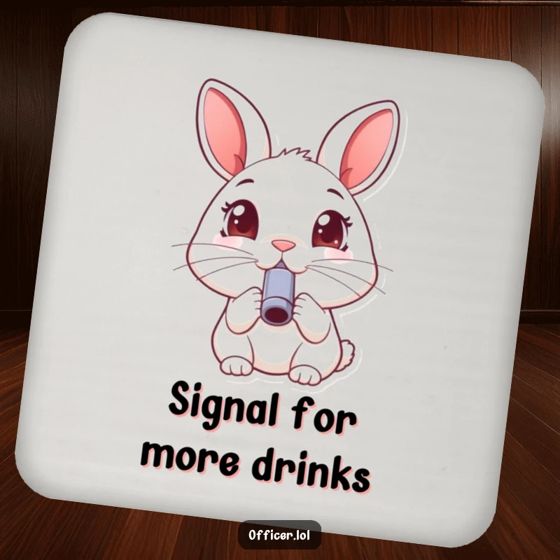 Funny rabbit drink coaster, protects surfaces with a happy rabbit blowing a small whistle, wide joyful eyes.