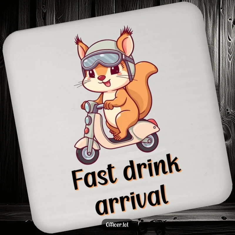 Determined squirrel wearing helmet and goggles, riding a tiny scooter, featured on a coaster to bring adventurous fun to tables.