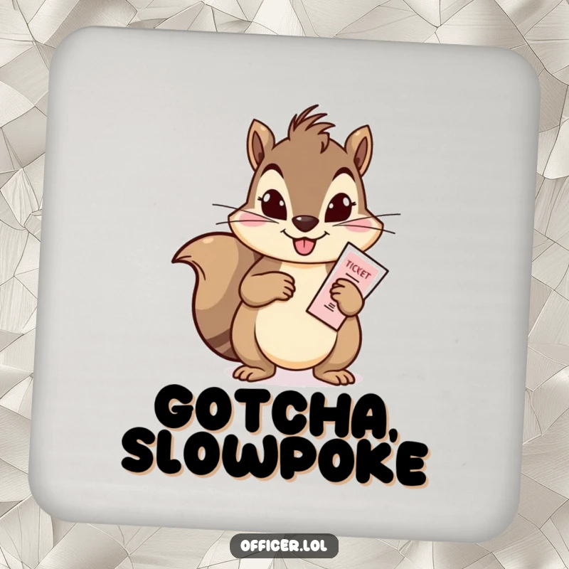 Funny coaster with a mischievous squirrel issuing a ticket, adding a touch of humorous protection and playful charm to any surface.