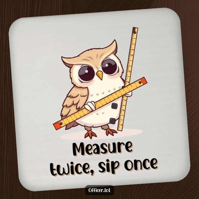 Funny Owl Coaster: A wise owl character measures a lopsided tower, adding a humorous and precise accent to protect your surfaces.