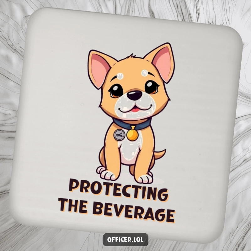 Funny puppy drink coaster, protects surfaces with a determined puppy wearing a tiny badge, proud stance.